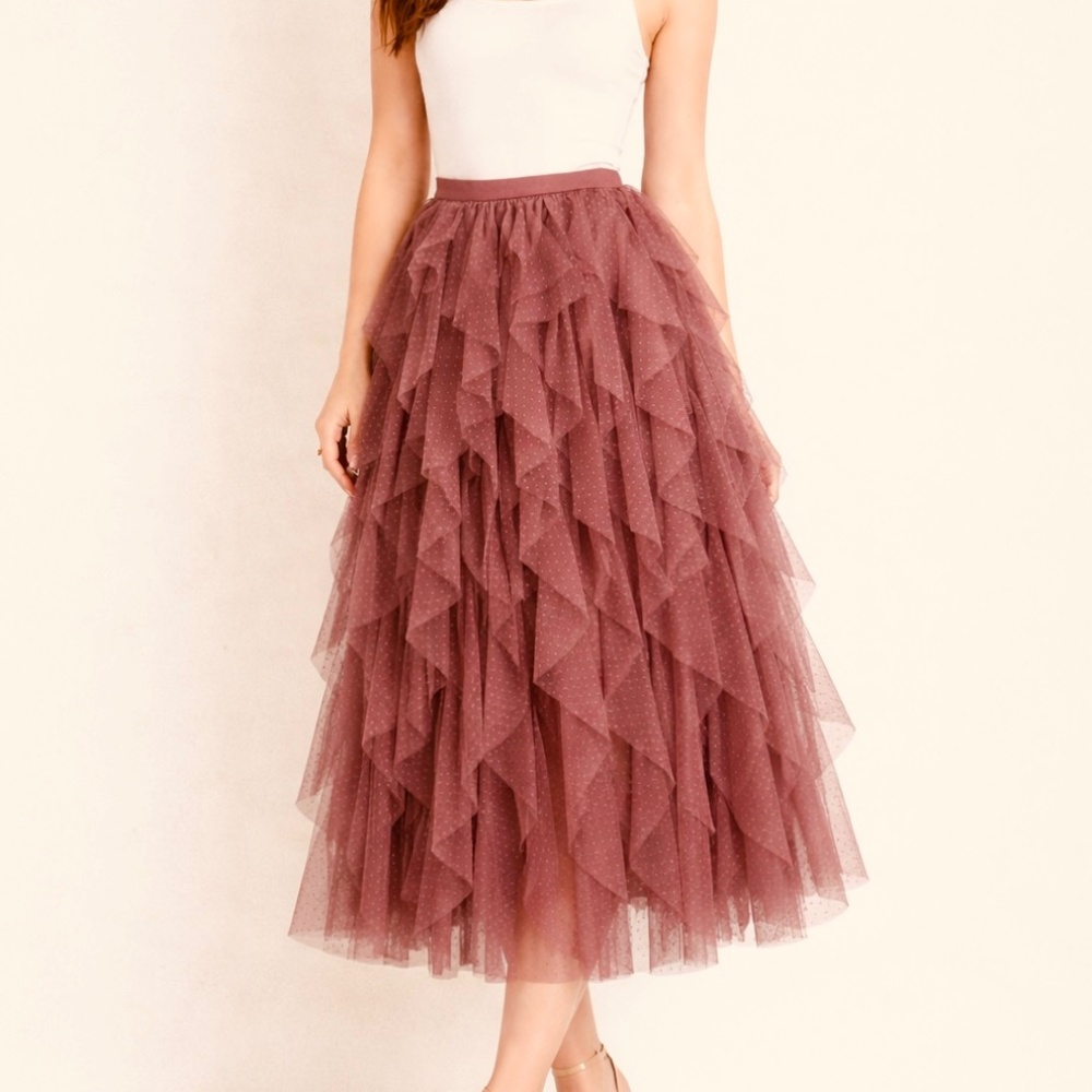 WD.NY Dusty Rose Tiered Tulle Maxi Skirt